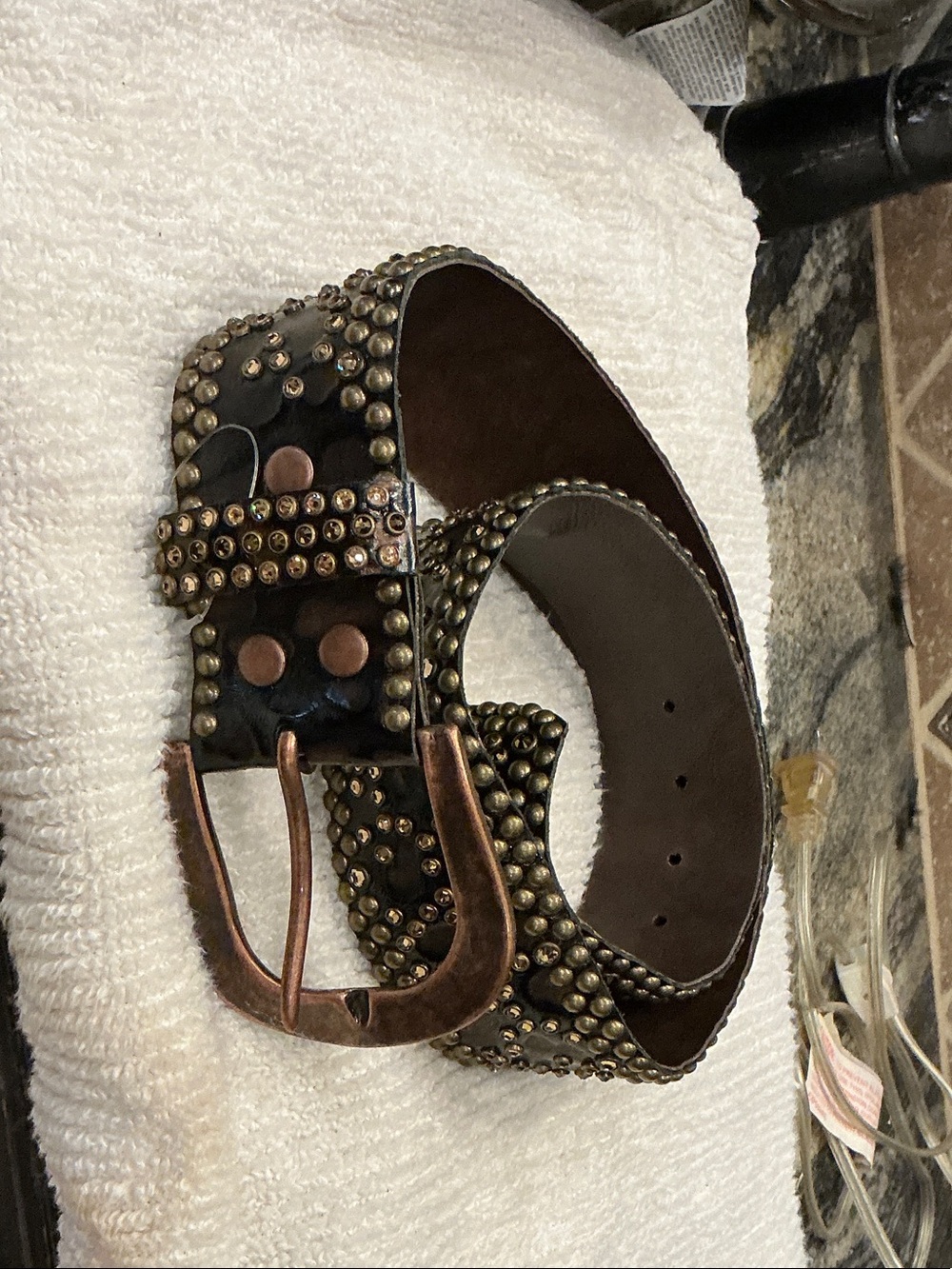 Kippys Black Leather Studded Belt with Antique Copper Buckle